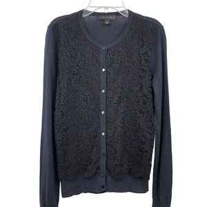 Ann Taylor Cardigan Sweater Womens S Used Navy with Black Lace Front